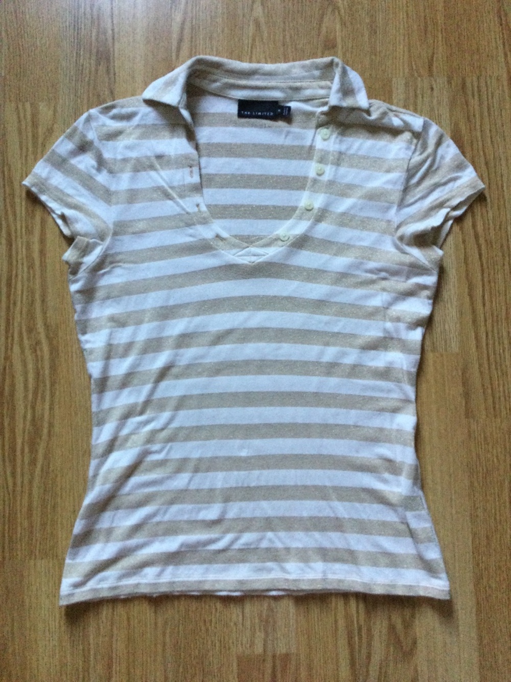The Limited Rayon Blend Knit Polo Shirt M Cream & Golden Stripes